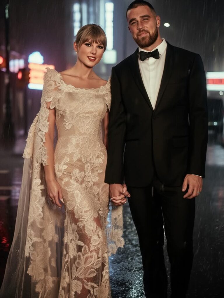 Taylor Swift Looks Blissful Alongside Travis Kelce in Intricate White Lace Gown;One word decribe this photo 😍